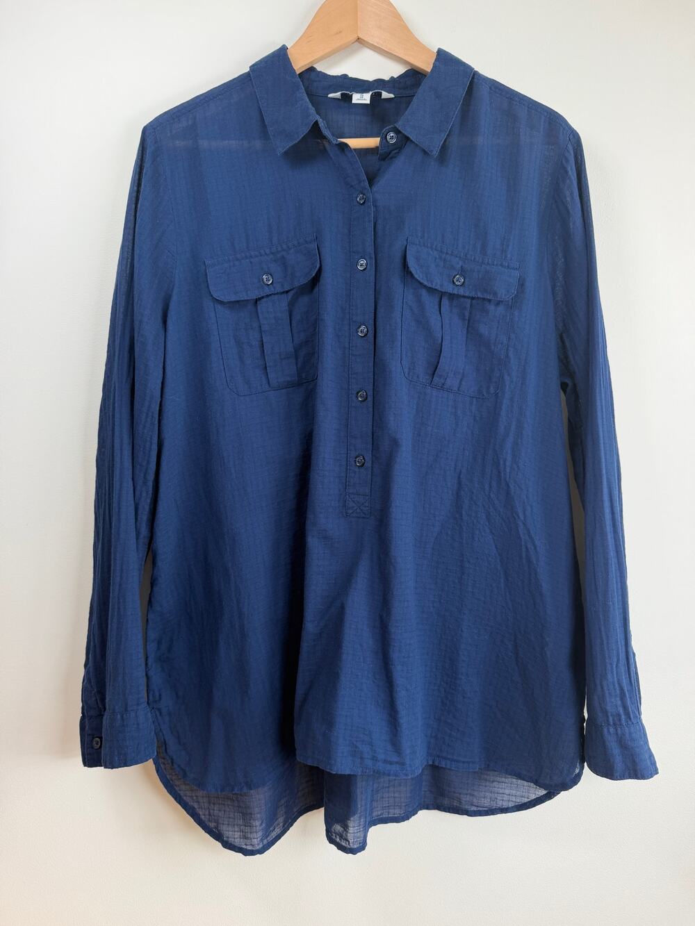 Old Navy Sheer Cotton Gauze Half Button Tunic Shirt Pockets Navy Blue Womens XL